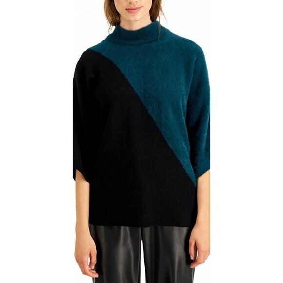 Alfani Sweater Top Small Teal Black Mock-Neck Mixed-Media‎ Dolman NEW - Picture 7 of 8